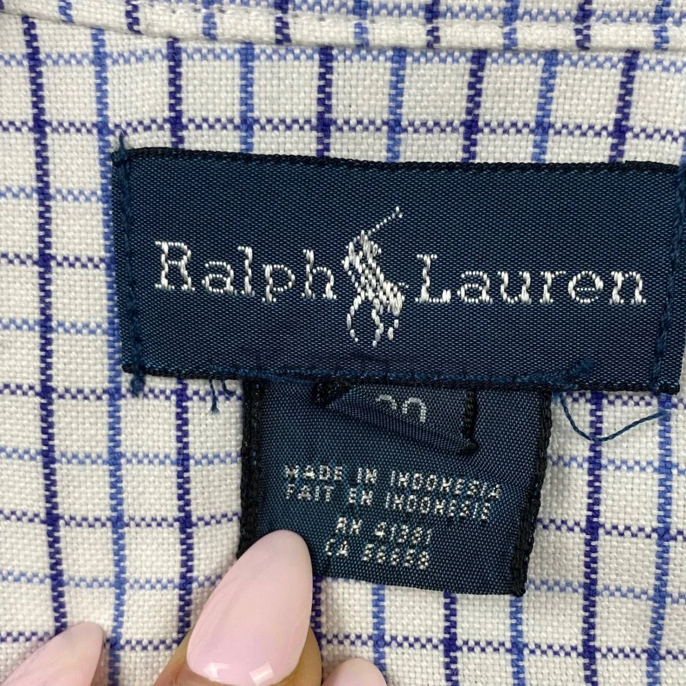 Polo Ralph Lauren Boys 20 Blue White Windowpane Oxford Button Down Shirt Cotton